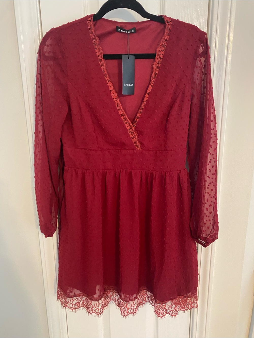 Sheilay Red Swiss Dot Lace Trim Mini Dress